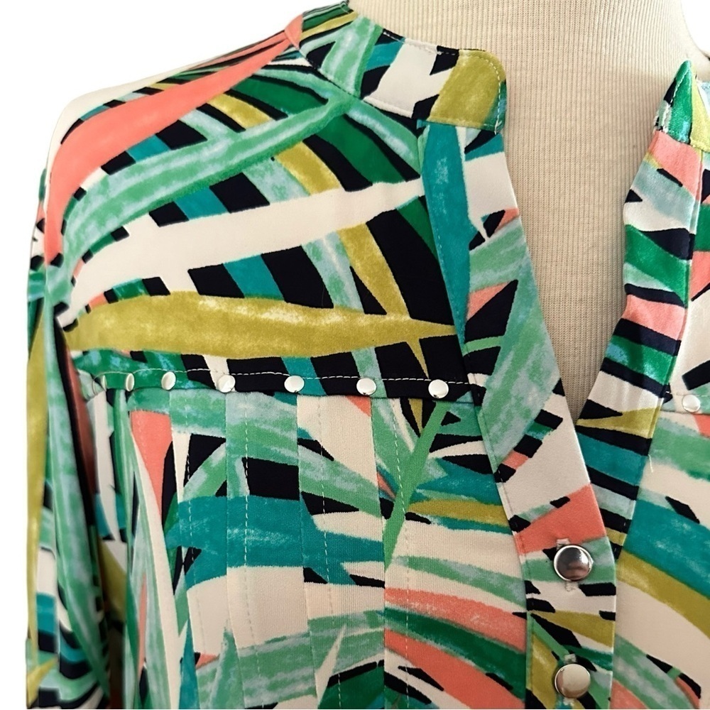 COCOMO XL Green Multicolored 3/4 sleeve Studded women’s Pintuck Blouse t… - Picture 6 of 12